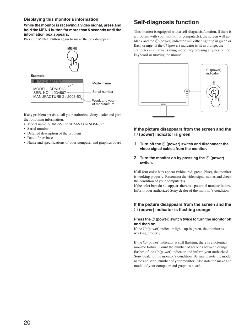 Self-diagnosis function | Sony SDM-S93 User Manual | Page 20 / 22