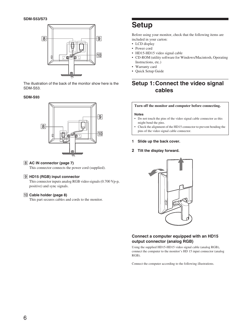 Setup, Setup 1:connect the video signal cables, Setup 1: connect the video signal cables | Sony SDM-S93 User Manual | Page 6 / 22