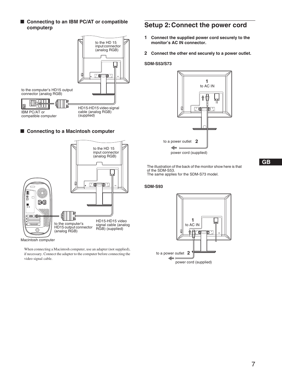 Setup 2:connect the power cord, Setup 2: connect the power cord | Sony SDM-S93 User Manual | Page 7 / 22