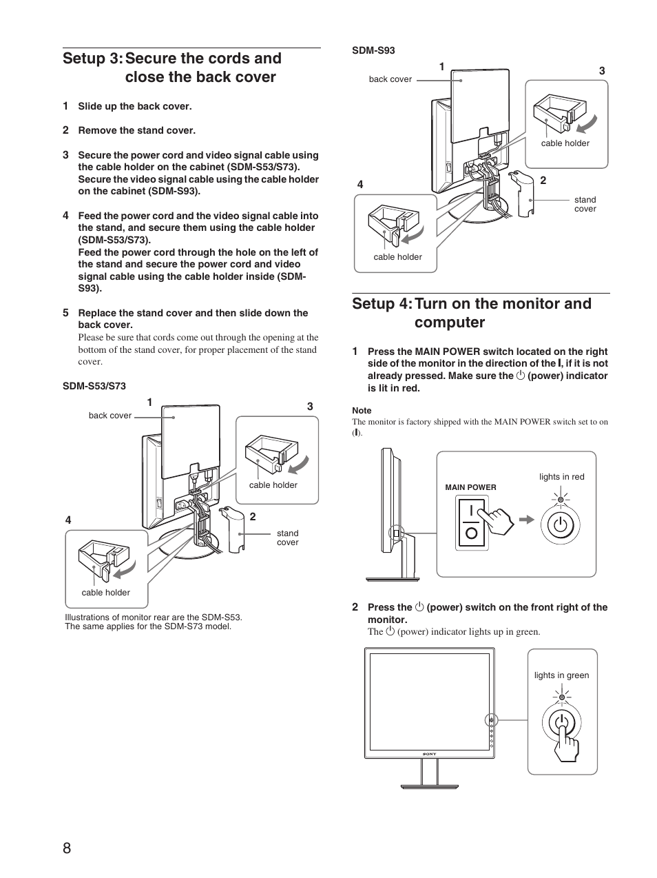 Setup 3:secure the cords and close the back cover, Setup 4:turn on the monitor and computer, Setup 4: turn on the monitor and computer | Sony SDM-S93 User Manual | Page 8 / 22