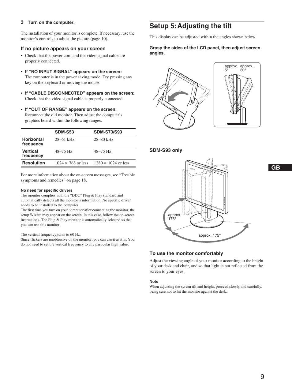 Setup 5:adjusting the tilt, Setup 5: adjusting the tilt | Sony SDM-S93 User Manual | Page 9 / 22