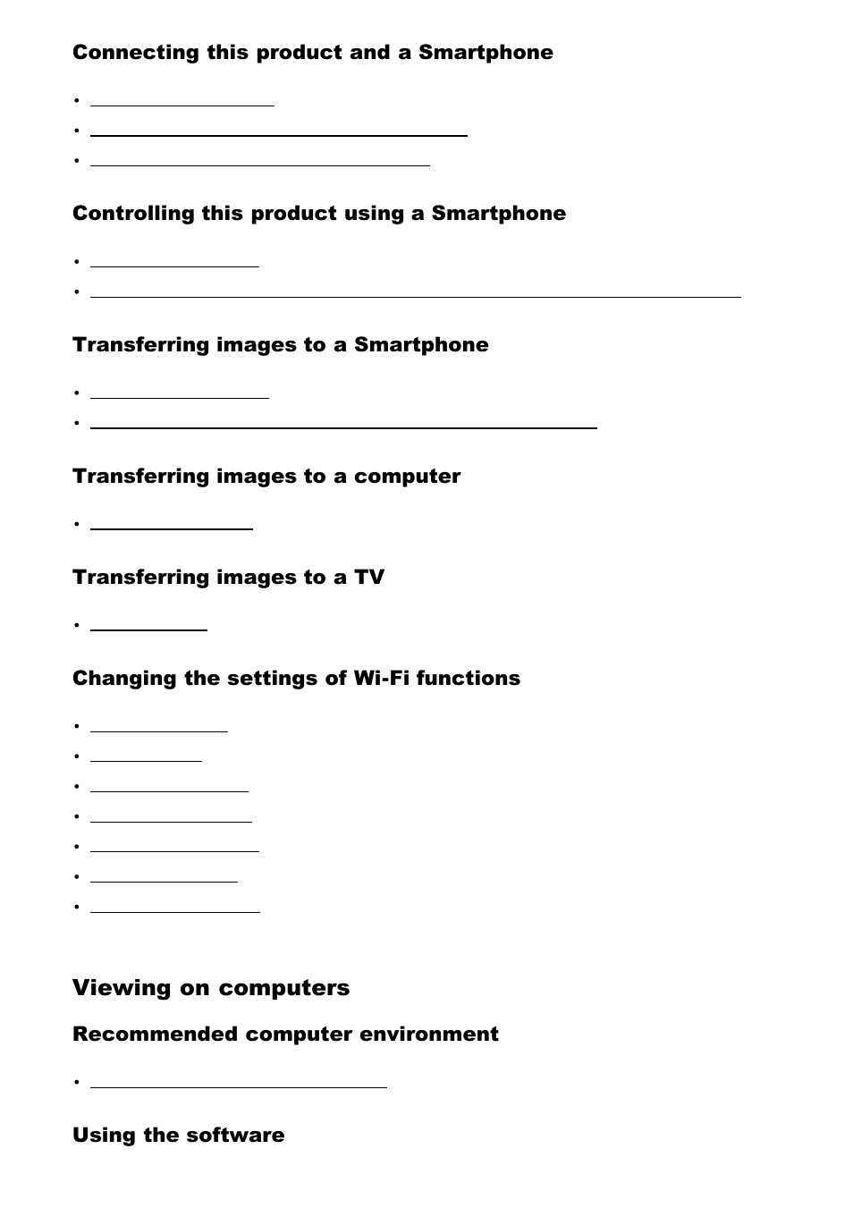 Viewing on computers, Connecting this product and a smartphone, Controlling this product using a smartphone | Transferring images to a smartphone, Transferring images to a computer, Transferring images to a tv, Changing the settings of wi-fi functions, Recommended computer environment, Using the software | Sony ILCA-77M2 User Manual | Page 10 / 205