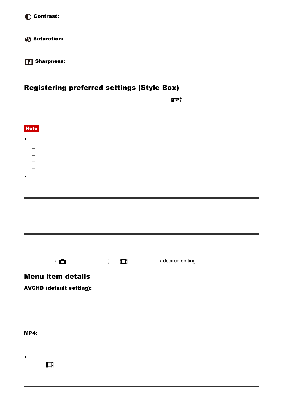 File format (movie) [122, Record setting (movie) [123, File format (movie) | Registering preferred settings (style box), Menu item details | Sony ILCA-77M2 User Manual | Page 107 / 205