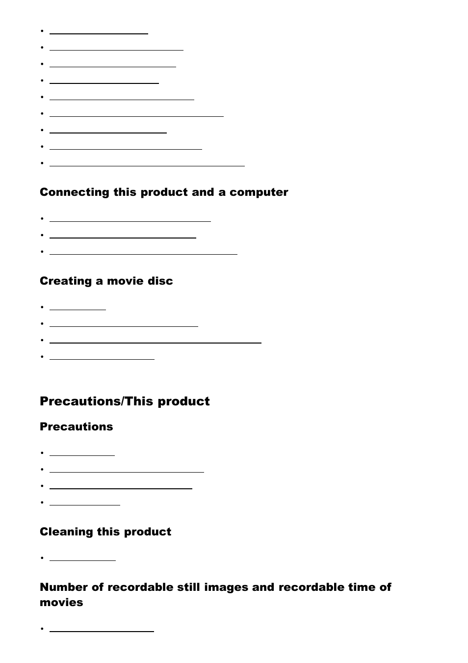 Precautions/this product, Connecting this product and a computer, Creating a movie disc | Precautions, Cleaning this product | Sony ILCA-77M2 User Manual | Page 11 / 205