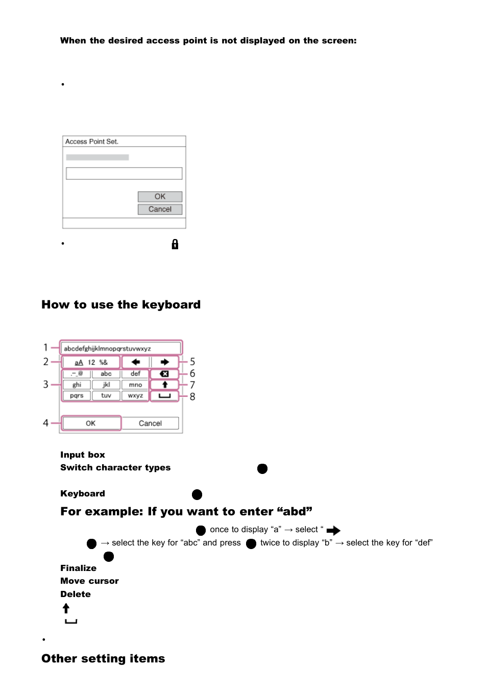 How to use the keyboard, For example: if you want to enter “abd, Other setting items | Sony ILCA-77M2 User Manual | Page 167 / 205