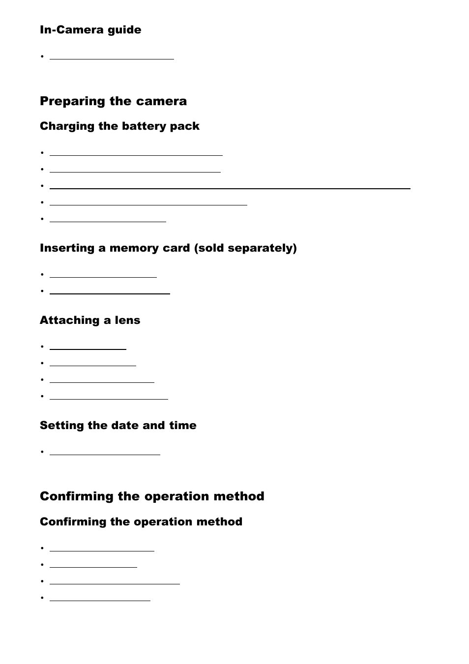 Preparing the camera, Confirming the operation method, In-camera guide | Charging the battery pack, Attaching a lens, Setting the date and time | Sony ILCA-77M2 User Manual | Page 2 / 205
