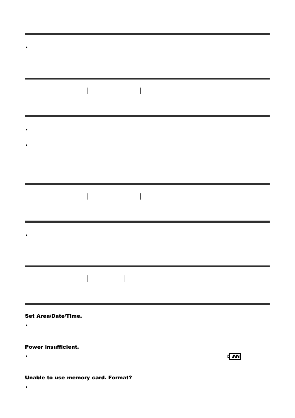 The product does not work properly. [319, E-” appears on the screen. [320, Warning messages [321 | Decreases two images at a time, The product does not work properly, E-” appears on the screen, Warning messages | Sony ILCA-77M2 User Manual | Page 202 / 205