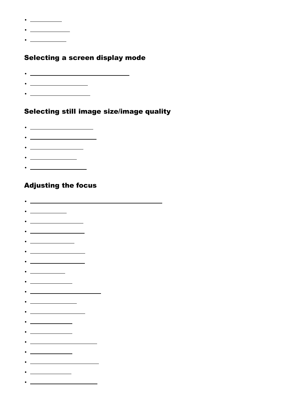 Selecting a screen display mode, Selecting still image size/image quality, Adjusting the focus | Sony ILCA-77M2 User Manual | Page 4 / 205