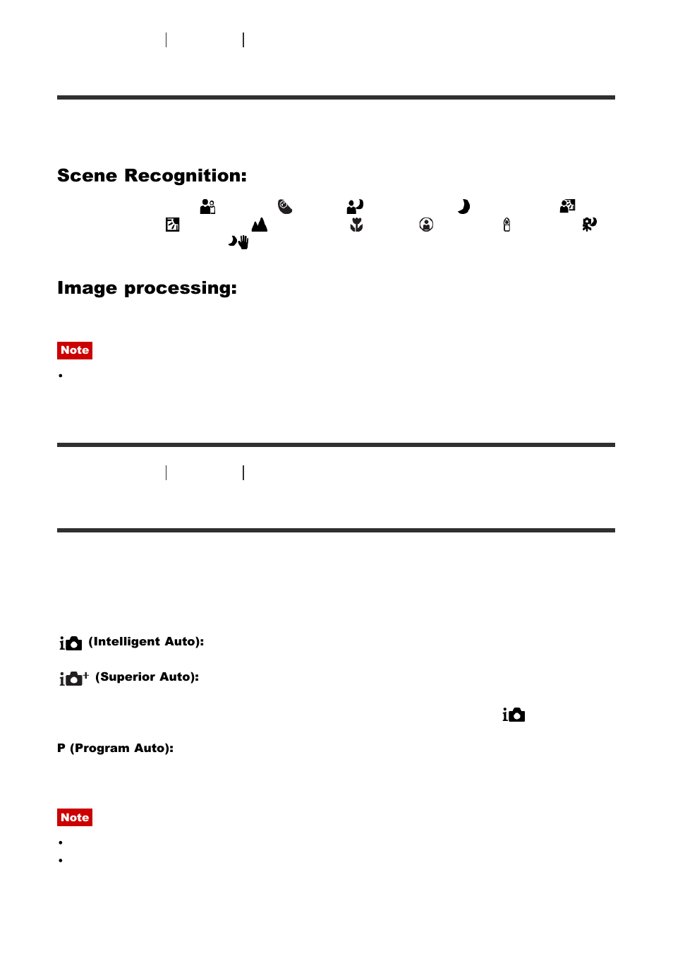 The advantages of automatic shooting [36, Program auto [37, About scene recognition | The advantages of automatic shooting, Scene recognition, Image processing | Sony ILCA-77M2 User Manual | Page 49 / 205