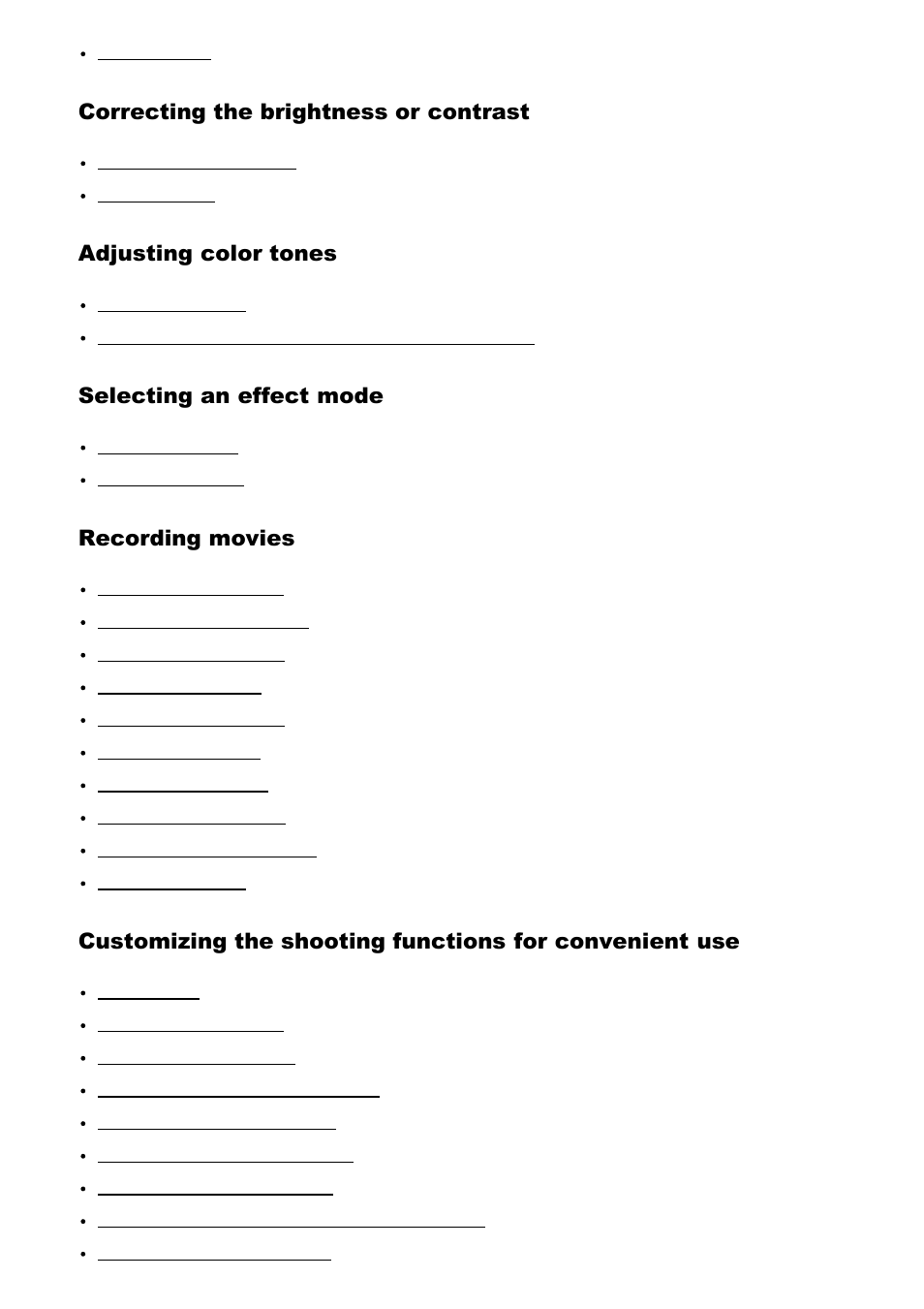 Correcting the brightness or contrast, Adjusting color tones, Selecting an effect mode | Recording movies | Sony ILCA-77M2 User Manual | Page 6 / 205