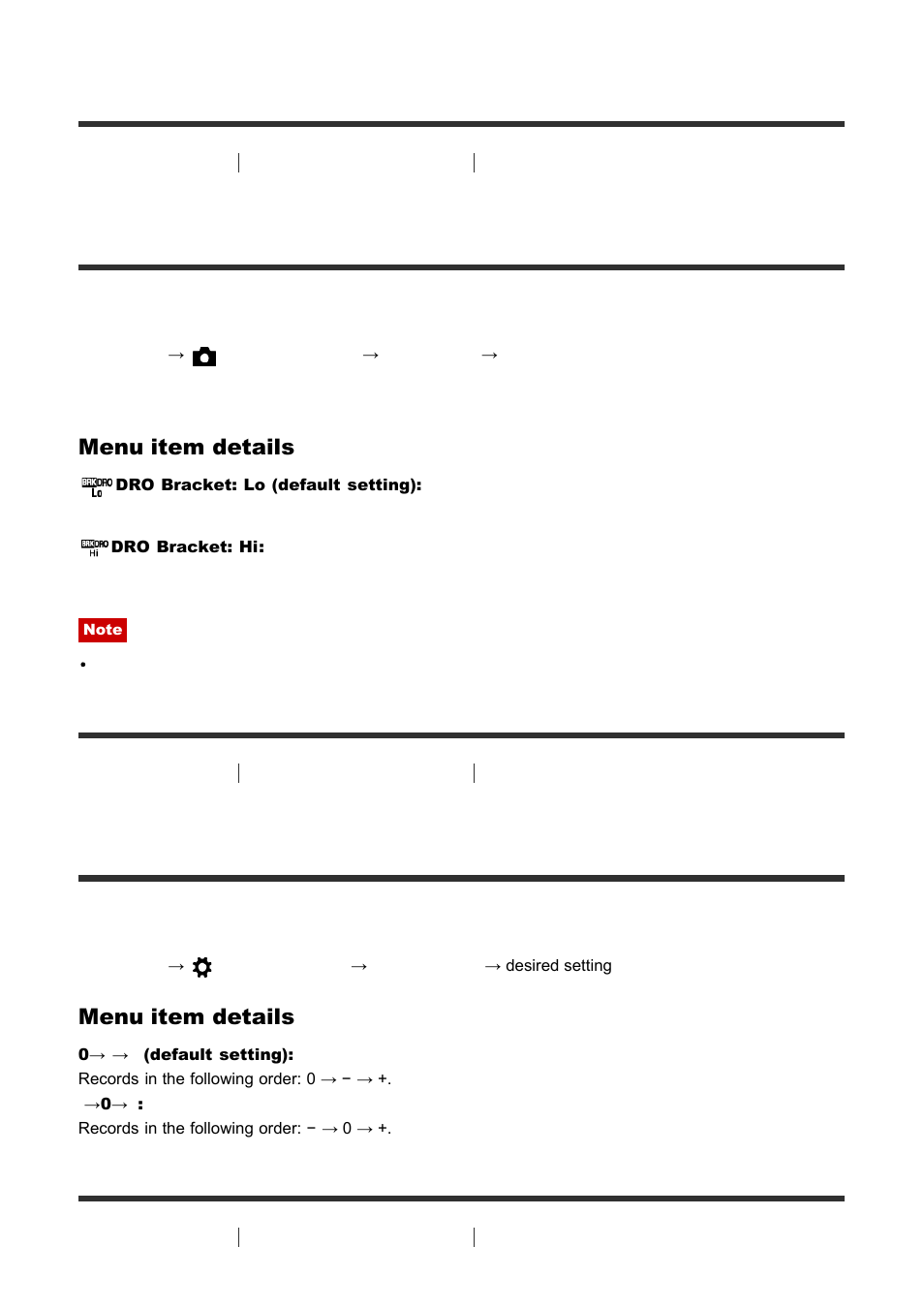 Dro bracket [111, Bracket order [112, Iso [113 | Dro bracket, Bracket order, Menu item details | Sony ILCA-77M2 User Manual | Page 98 / 205