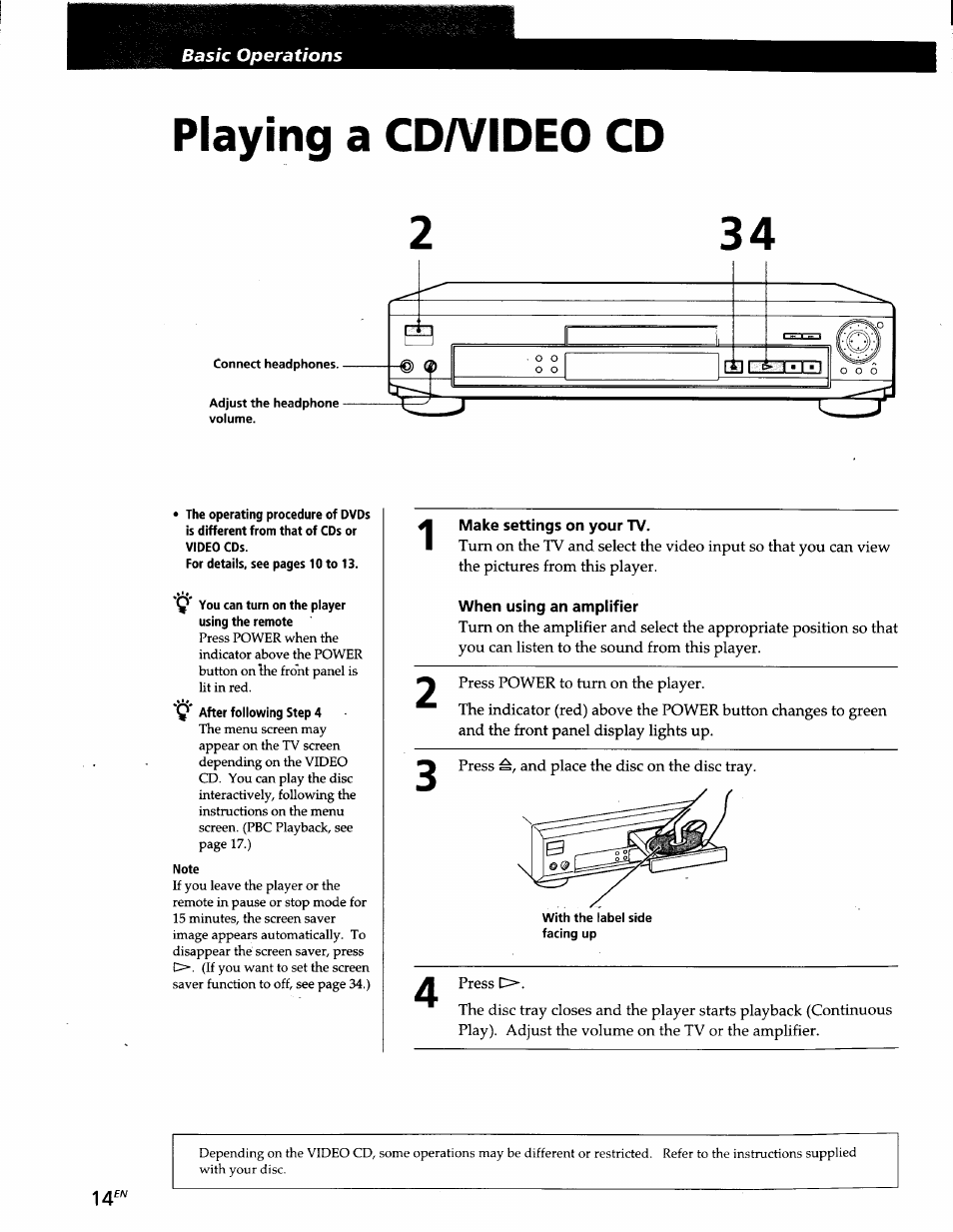 Playing a cda^ideo cd, Make settings on your tv, When using an amplifier | Playing a cd/video cd | Sony DVP-S300 User Manual | Page 14 / 45