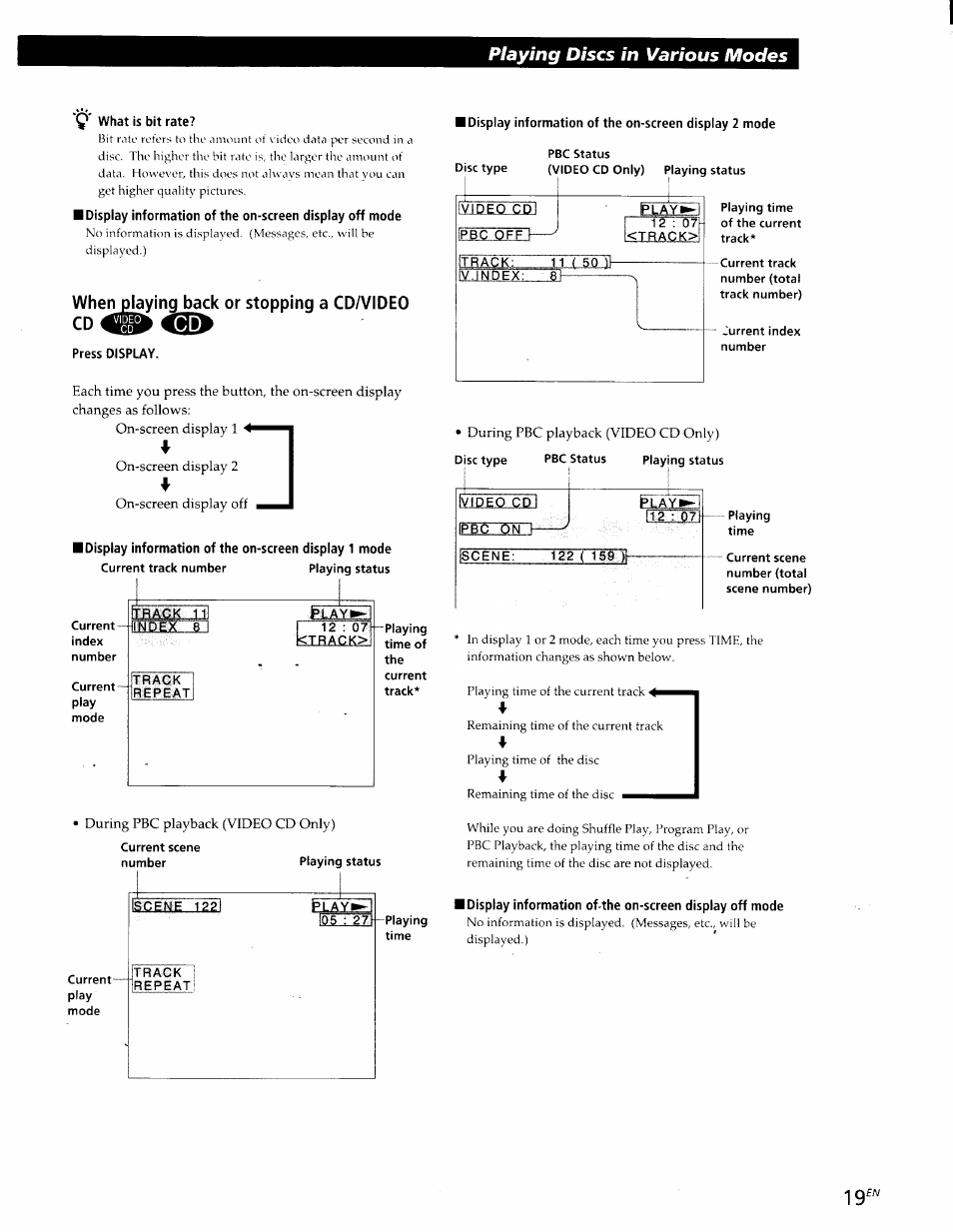 What is bit rate, Cd^<ai, Press display | Playing discs in various modes | Sony DVP-S300 User Manual | Page 19 / 45