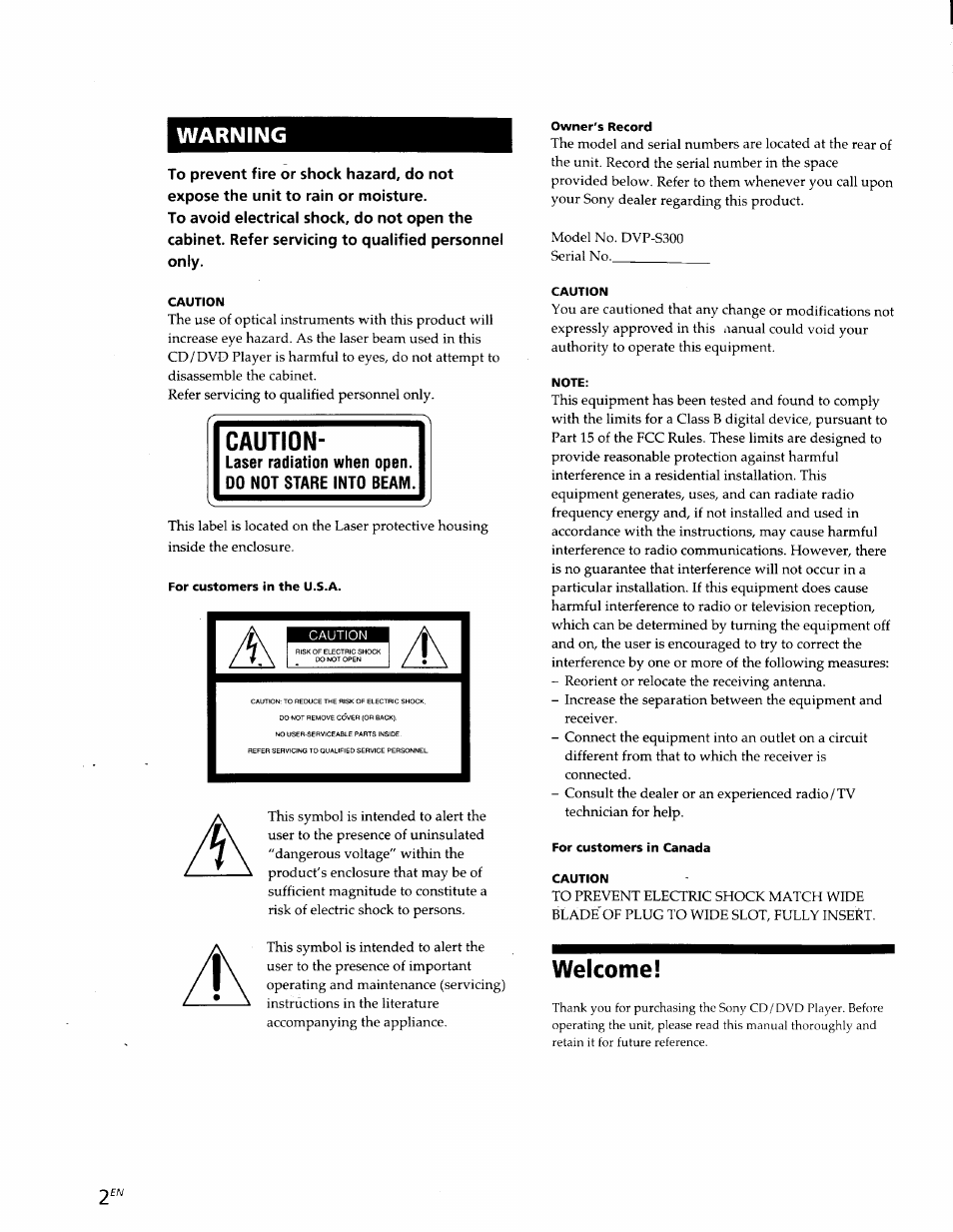 Welcome, Warning, Caution | Sony DVP-S300 User Manual | Page 2 / 45