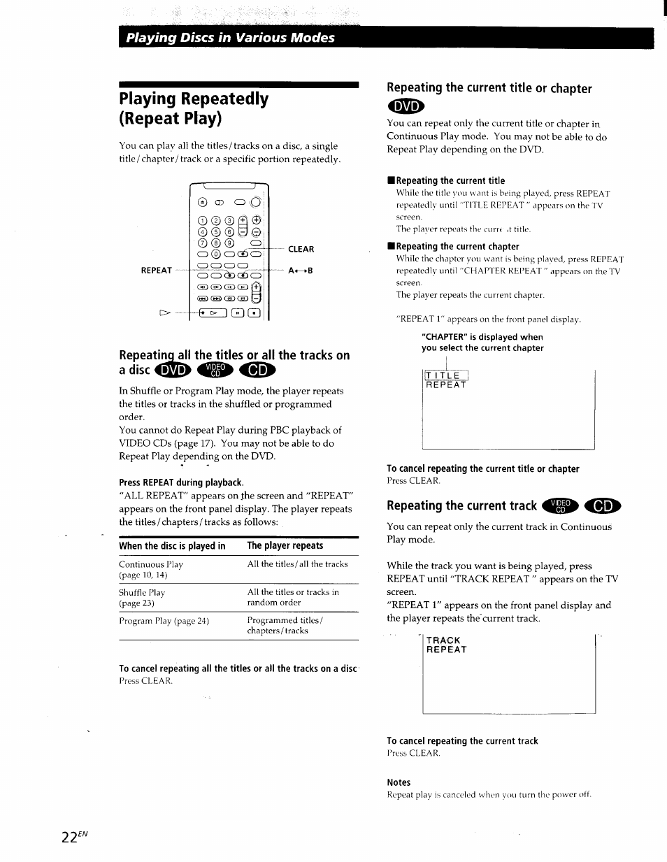 Playing repeatedly (repeat play), Press repeat during playback, Repeating the current title | Repeating the current chapter, To cancel repeating the current title or chapter, To cancel repeating the current track, Notes, Playing discs in various modes | Sony DVP-S300 User Manual | Page 22 / 45