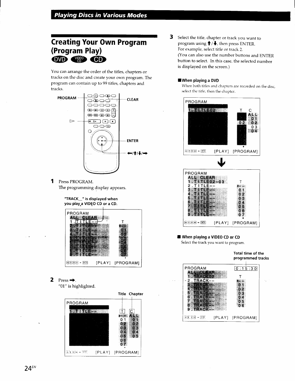 Creating your own program (program play), 3 -tflagk, Playing discs in various modes | Sony DVP-S300 User Manual | Page 24 / 45