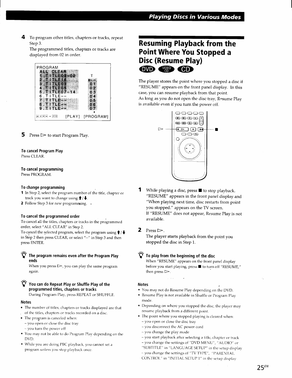 To cancel program play, To cancel programming, To change programming | To cancel the programmed order, Q' to play from the beginning of the disc, Notes, Playing discs in various modes 4 | Sony DVP-S300 User Manual | Page 25 / 45