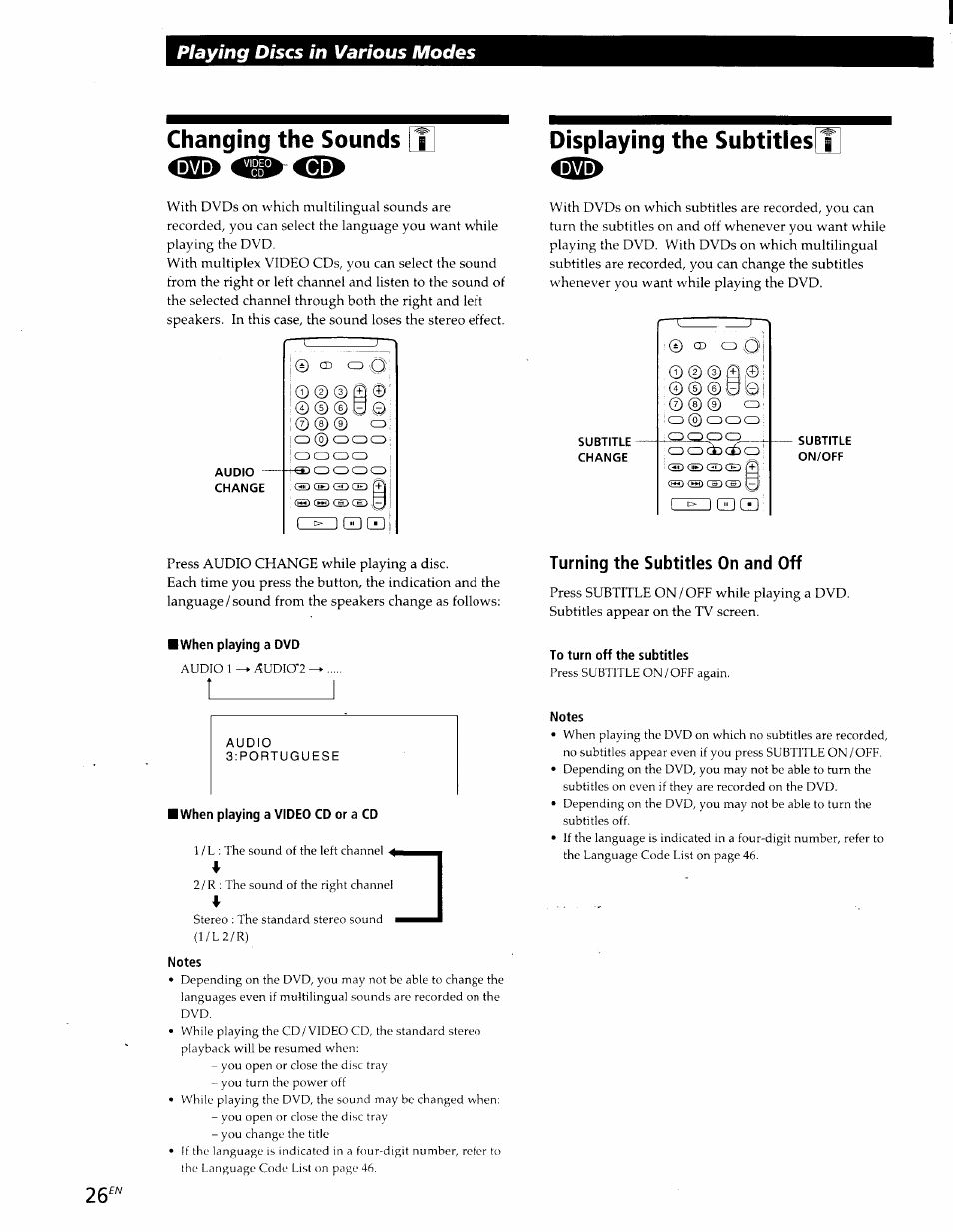 Changing the sounds 11, When playing a dvd, When playing a video cd or a cd | Notes, Displaying the subtitles, To turn off the subtitles, Changing the sounds displaying the subtitles, Changing the sounds, Playing discs in various modes | Sony DVP-S300 User Manual | Page 26 / 45
