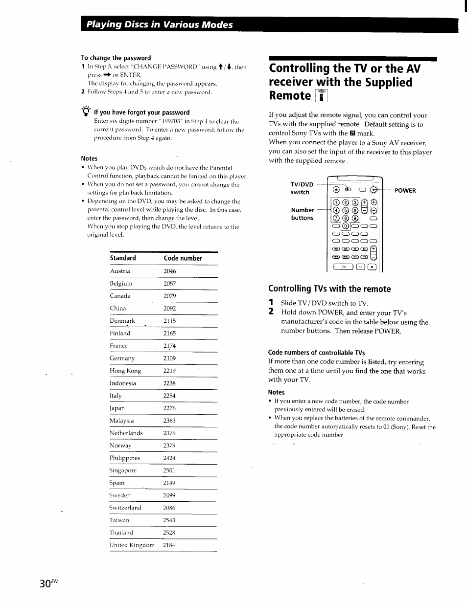 To change the password, If you have forgot your password, Notes | Code numbers of controllable tvs, Playing discs in various modes, Dqdq | Sony DVP-S300 User Manual | Page 30 / 45