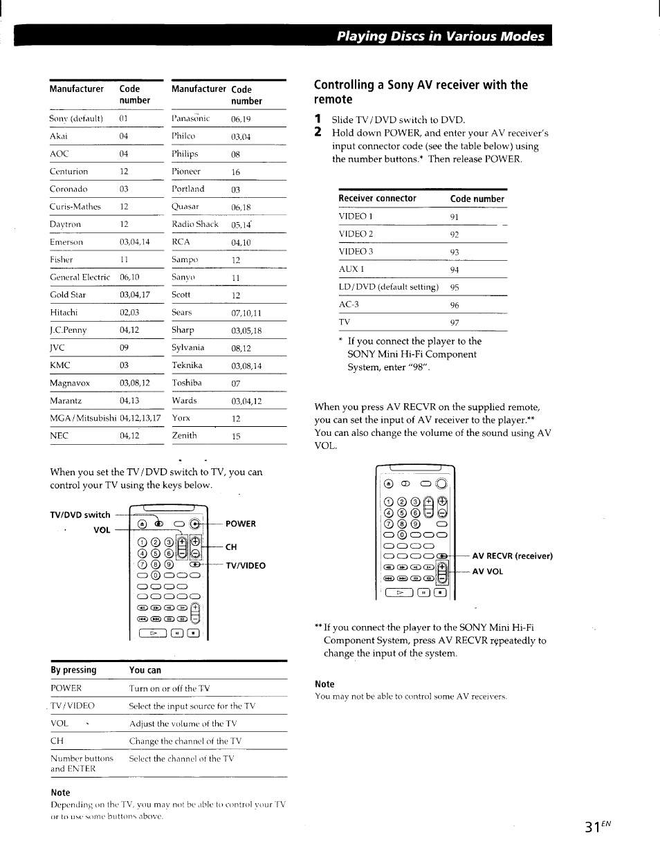 Note, Playing discs in various modes, Gd q | 1l gd d | Sony DVP-S300 User Manual | Page 31 / 45