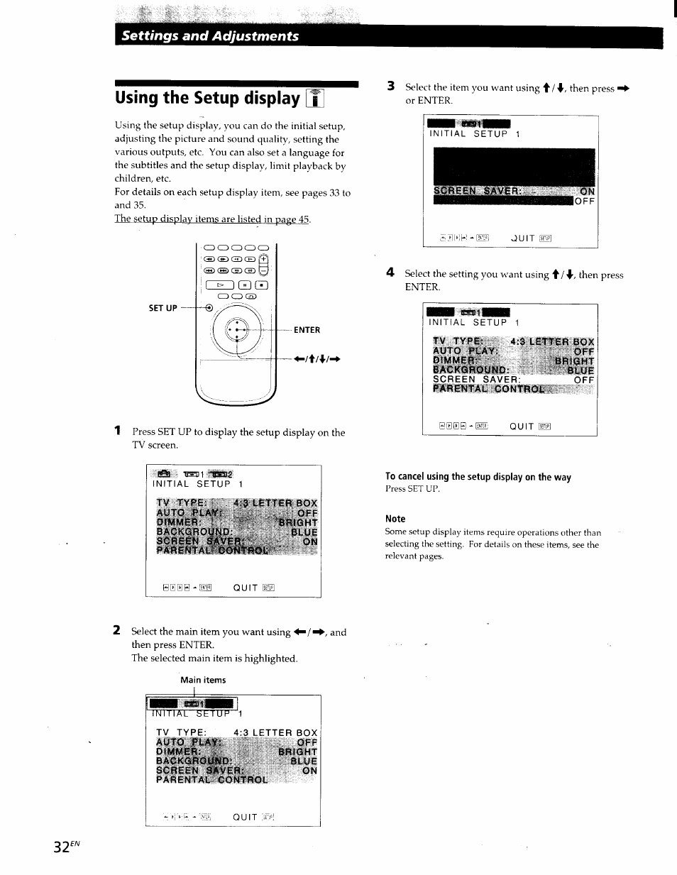 Using the setup display j, Using the setup display, Settings and adjustments | Sony DVP-S300 User Manual | Page 32 / 45