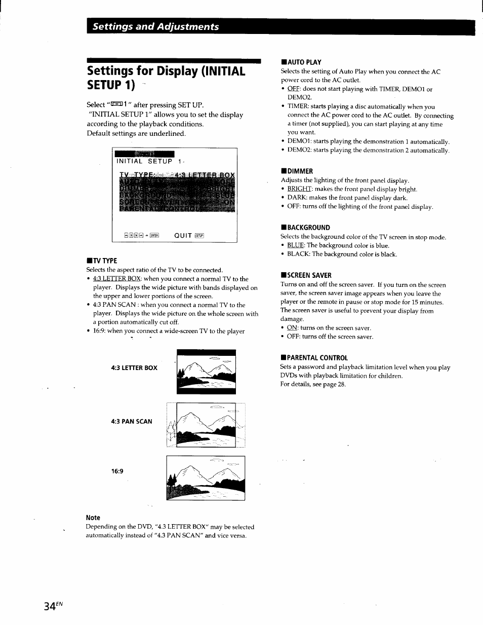 Settings for display (initial setup 1), Settings and adjustments | Sony DVP-S300 User Manual | Page 34 / 45