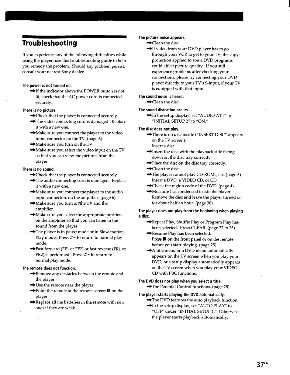 Troubleshooting, The power is not turned on, There is no picture | There is no sound, The remote does not function, The picture noise appears, The sound noise is heard, The sound distortion occurs, The disc does not play, A disc | Sony DVP-S300 User Manual | Page 37 / 45