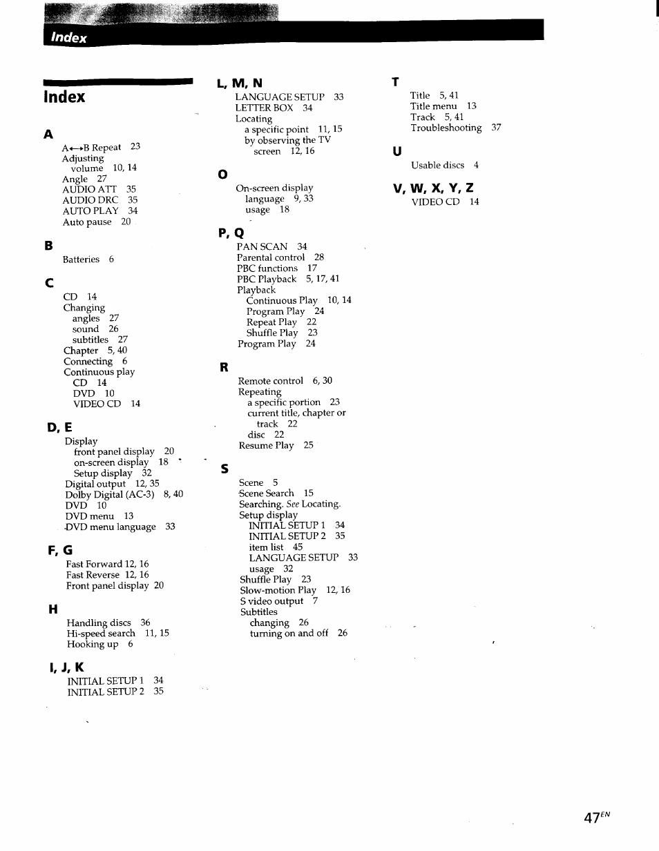 Index, D, e, F, g | I. j, k, L, m, n, V, w, x, y, z | Sony DVP-S300 User Manual | Page 45 / 45