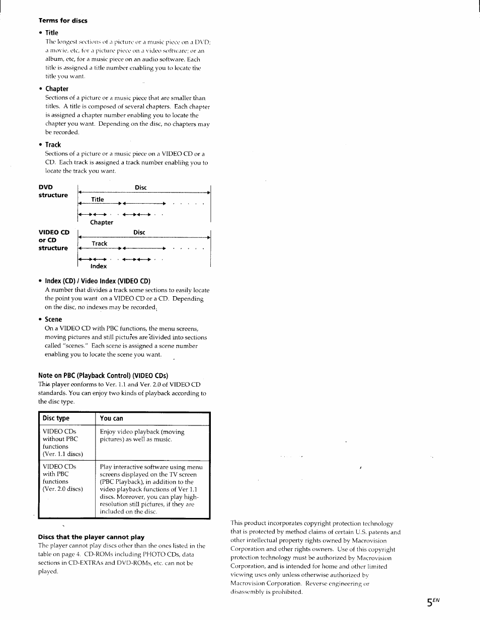 Title, Chapter, Track | Index (cd) / video index (video cd), Scene, Note on pbc (playback control) (video cds) | Sony DVP-S300 User Manual | Page 5 / 45