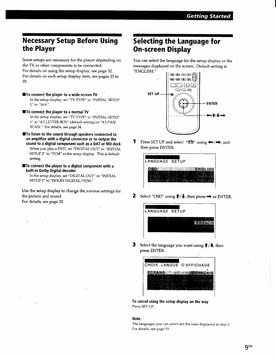 Necessary setup before using the player, To connect the player to a wide-screen tv, To connect the player to a normal tv | Selecting the language for on-screen display, To cancel using the setup display on the way, Note, Getting started | Sony DVP-S300 User Manual | Page 9 / 45