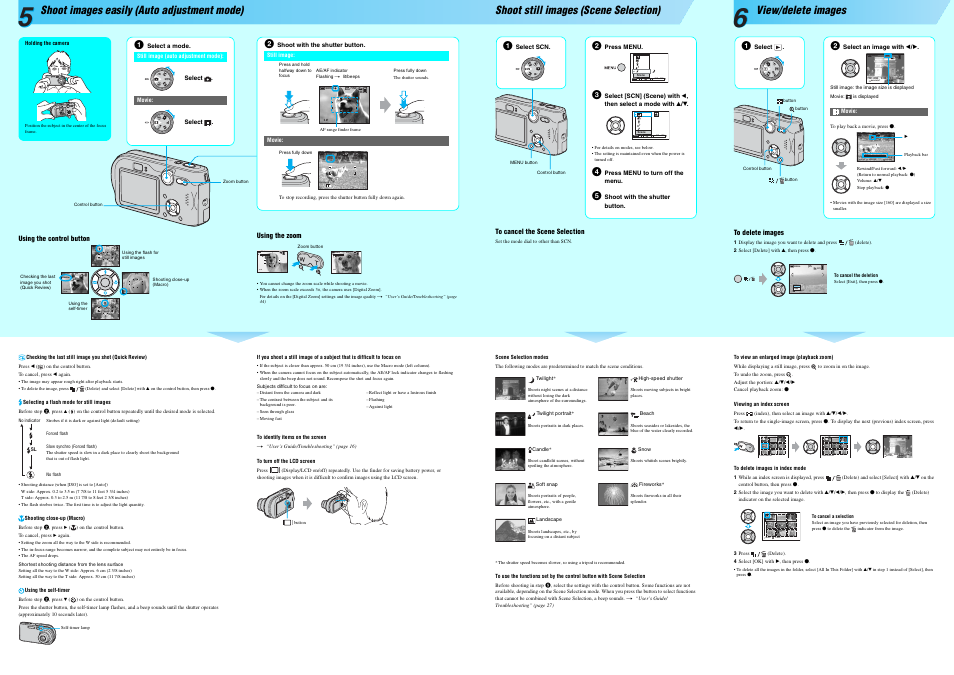 Wb iso scn, Back/next, Volume vga | Back/next vga, Single display, Single display to next select, Shoot images easily (auto adjustment mode), Shoot still images (scene selection), View/delete images | Sony DSC-P200 User Manual | Page 2 / 2