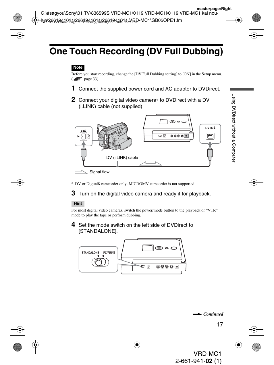 One touch recording (dv full dubbing) | Sony VRD-MC1 User Manual | Page 17 / 56