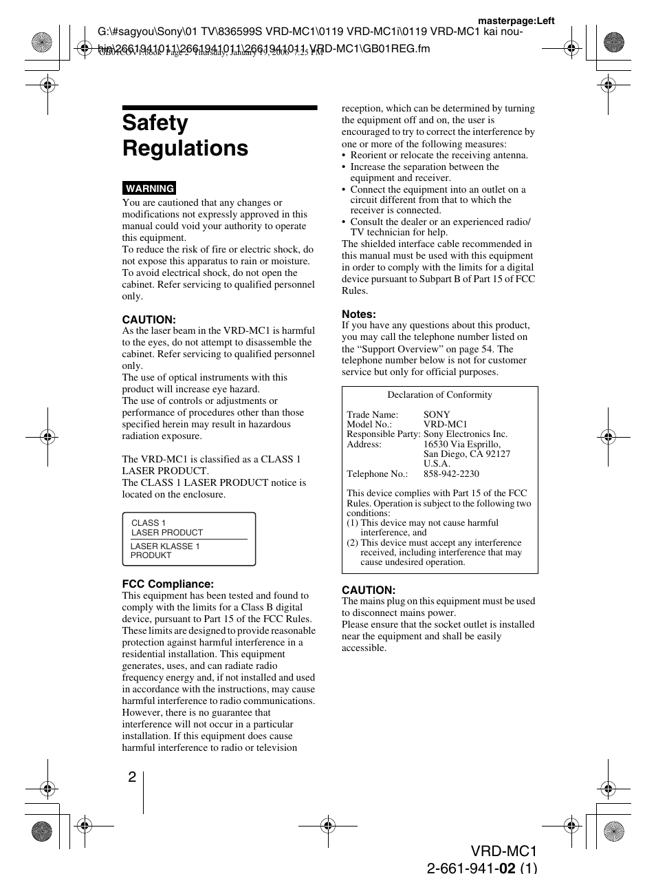 Safety regulations | Sony VRD-MC1 User Manual | Page 2 / 56