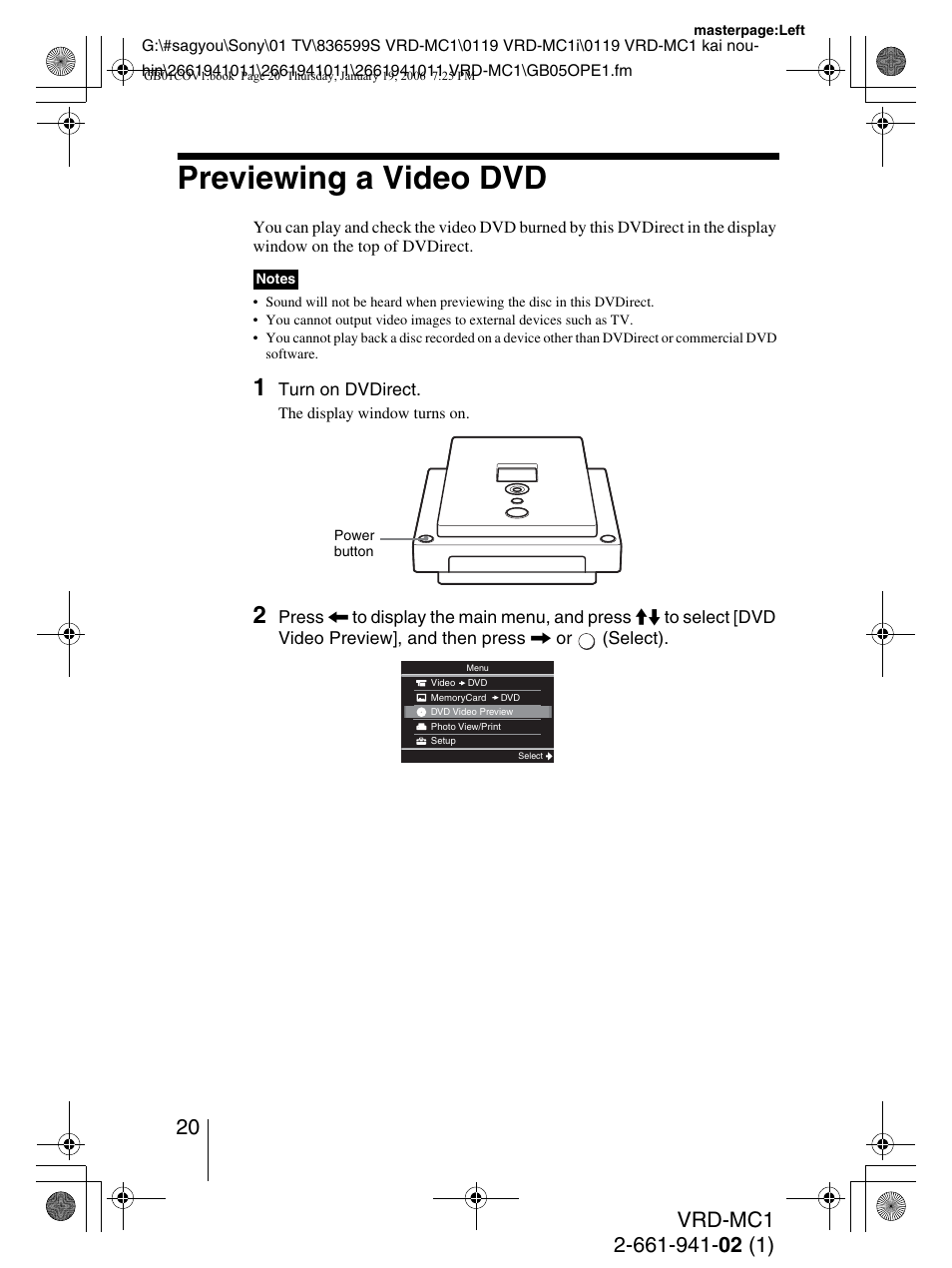 Previewing a video dvd | Sony VRD-MC1 User Manual | Page 20 / 56