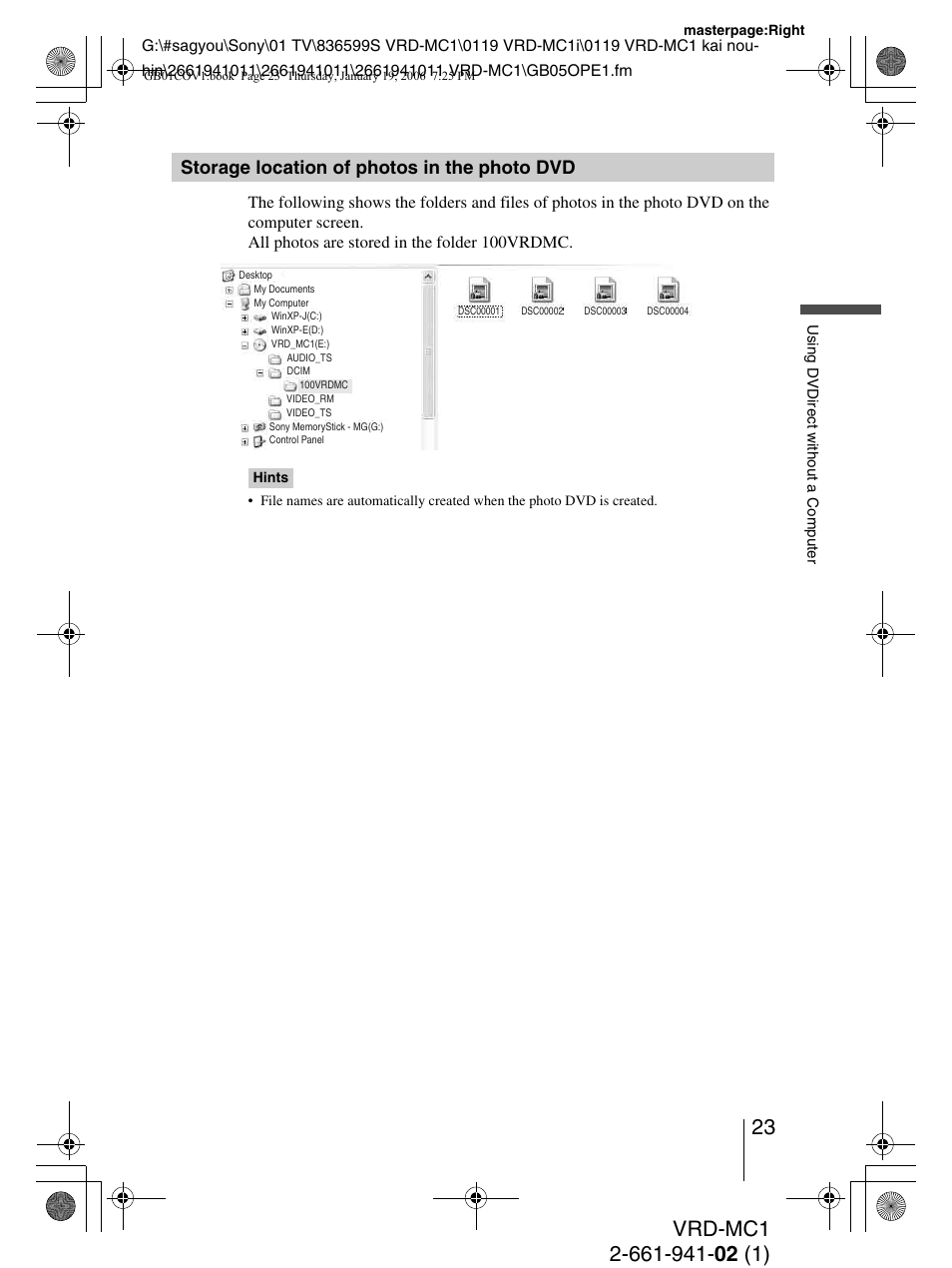 Storage location of photos in the photo dvd | Sony VRD-MC1 User Manual | Page 23 / 56