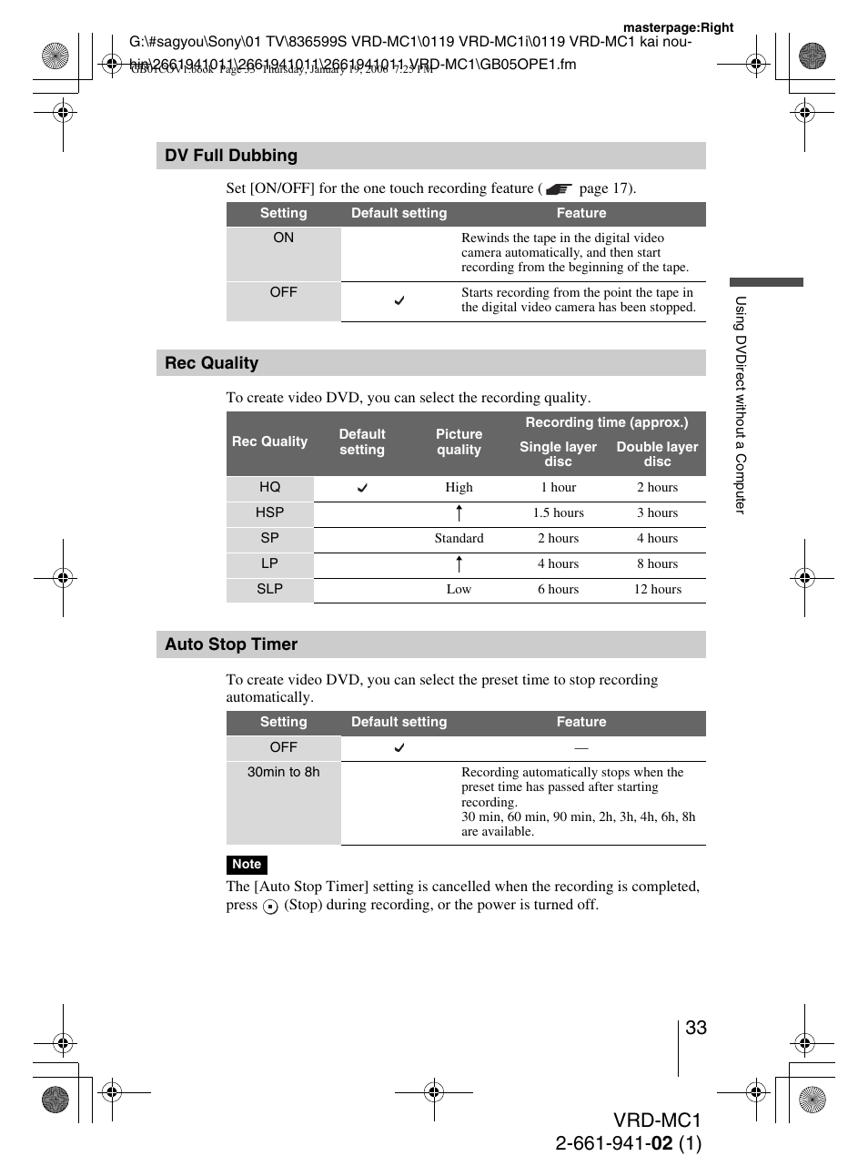 Dv full dubbing, Rec quality, Auto stop timer | Sony VRD-MC1 User Manual | Page 33 / 56