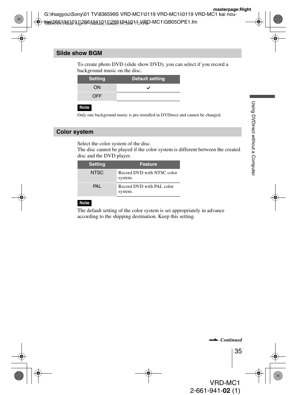 Slide show bgm, Color system | Sony VRD-MC1 User Manual | Page 35 / 56