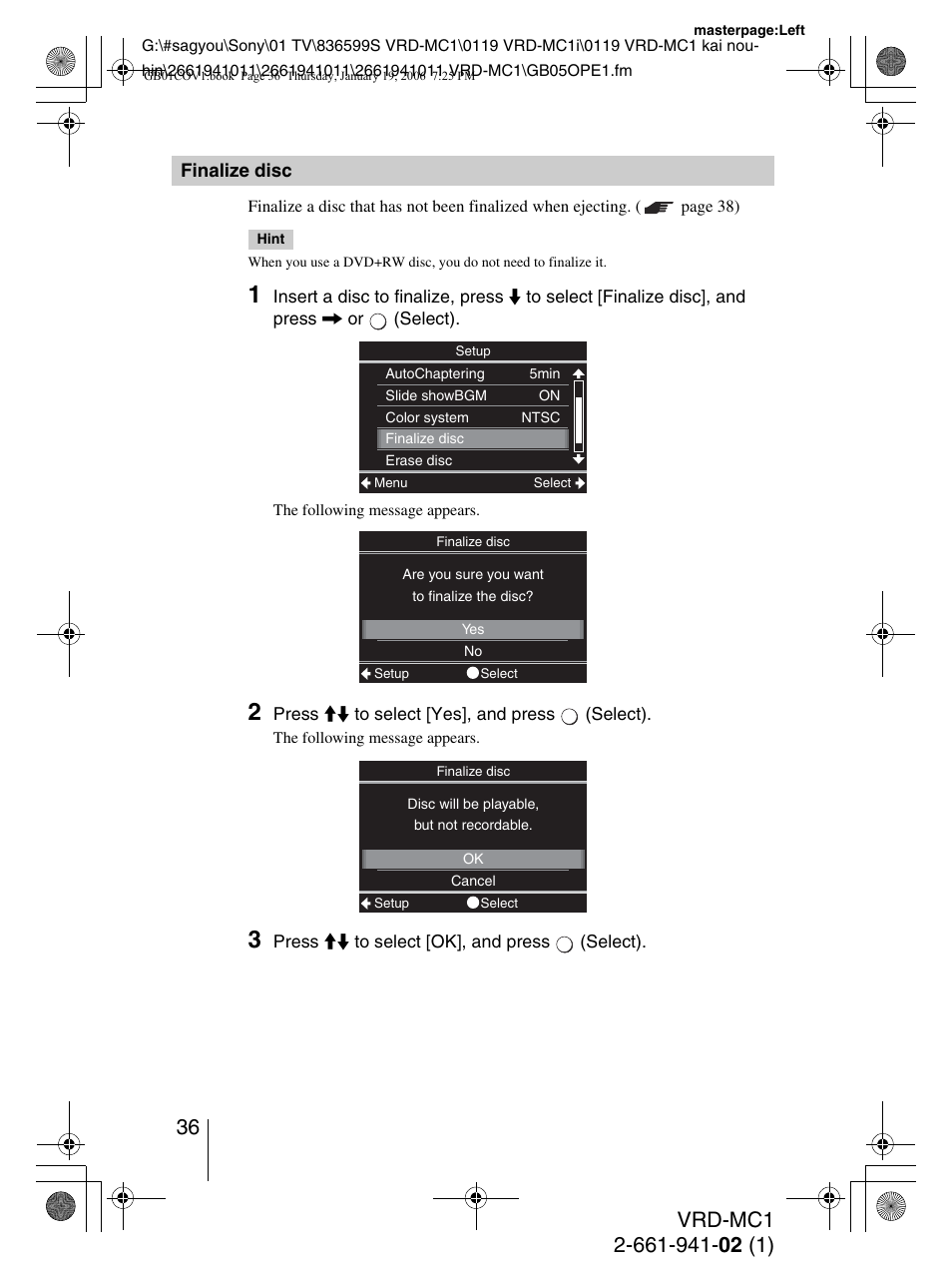 Finalize disc | Sony VRD-MC1 User Manual | Page 36 / 56