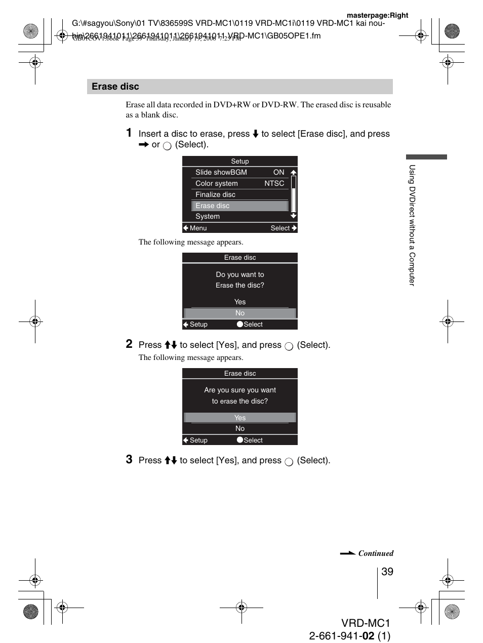 Erase disc | Sony VRD-MC1 User Manual | Page 39 / 56