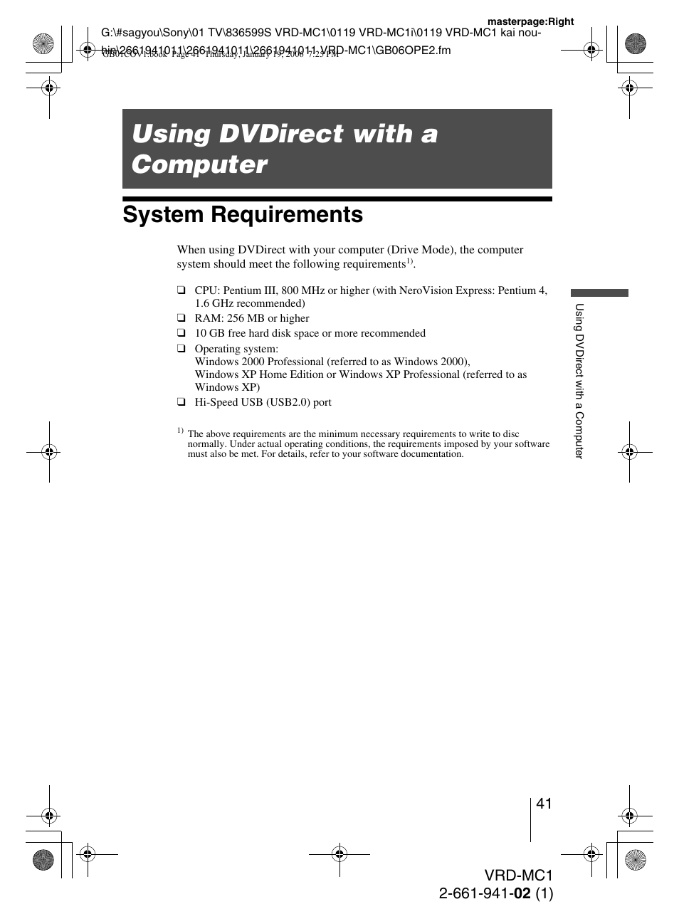 Using dvdirect with a computer, System requirements | Sony VRD-MC1 User Manual | Page 41 / 56