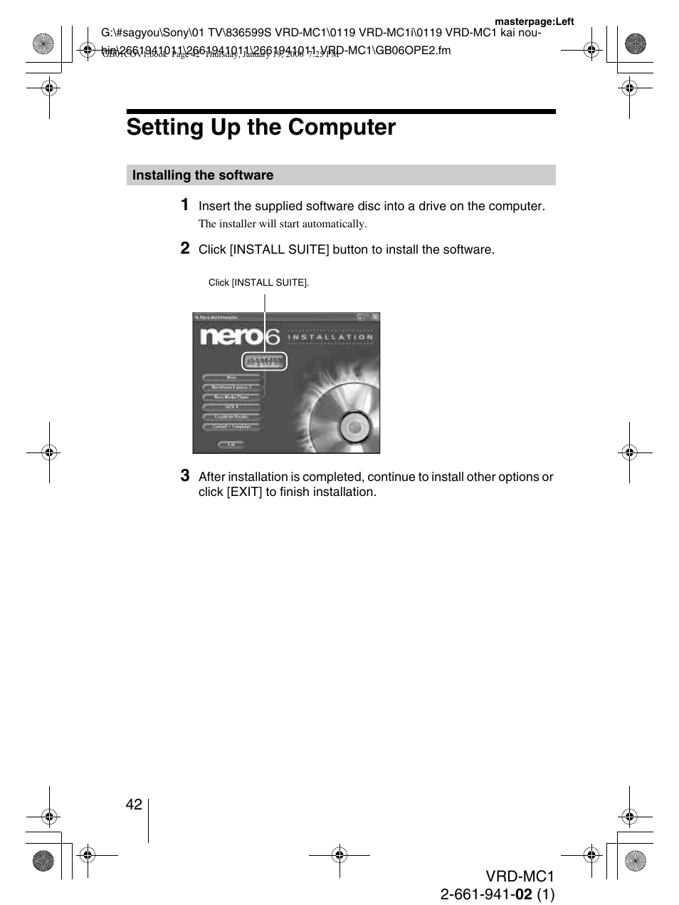 Setting up the computer, Installing the software | Sony VRD-MC1 User Manual | Page 42 / 56