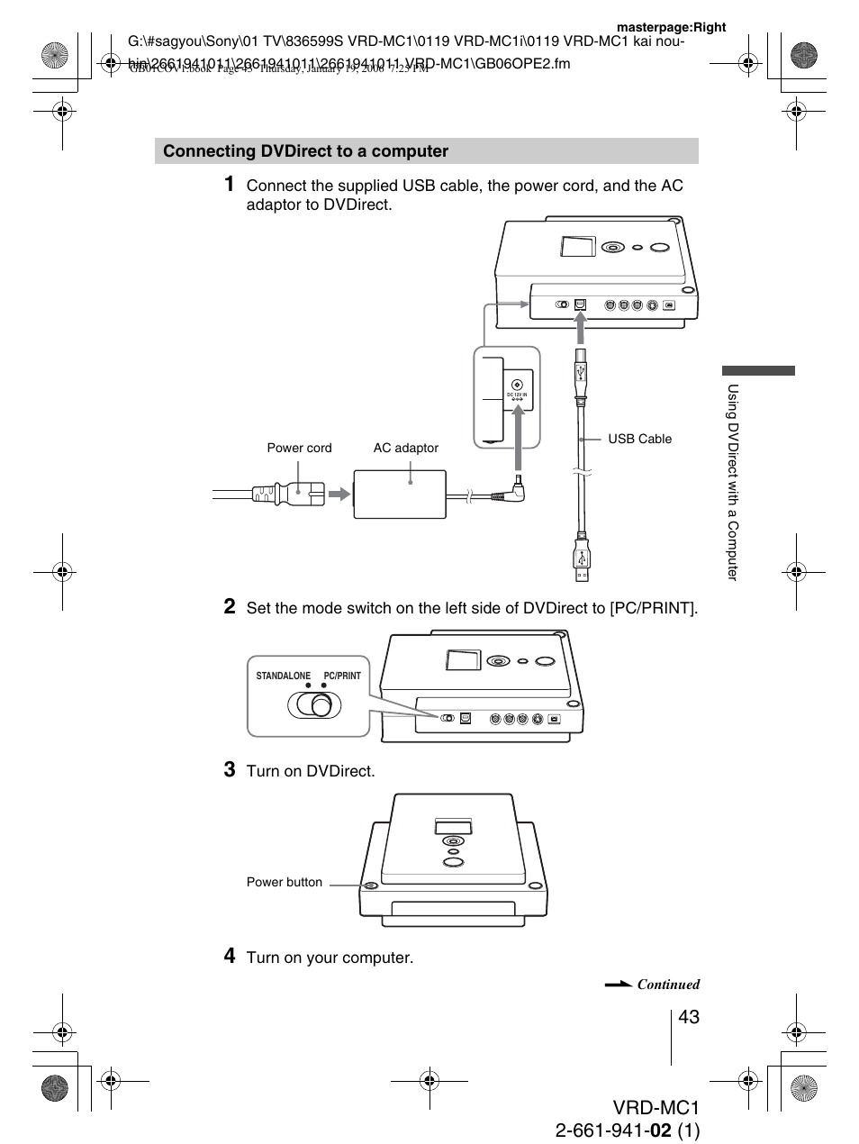 Connecting dvdirect to a computer | Sony VRD-MC1 User Manual | Page 43 / 56