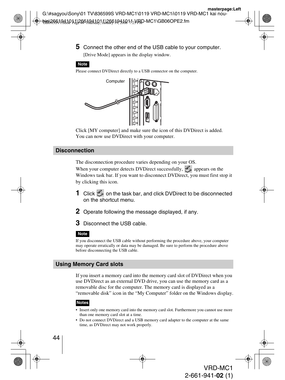 Disconnection, Using memory card slots | Sony VRD-MC1 User Manual | Page 44 / 56