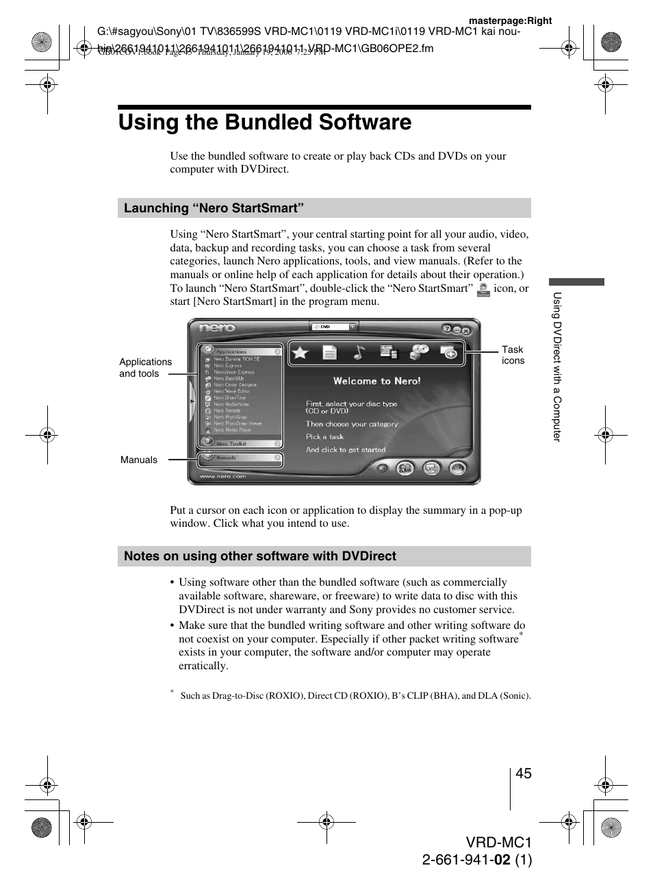 Using the bundled software, Launching “nero startsmart, Notes on using other software with dvdirect | Sony VRD-MC1 User Manual | Page 45 / 56