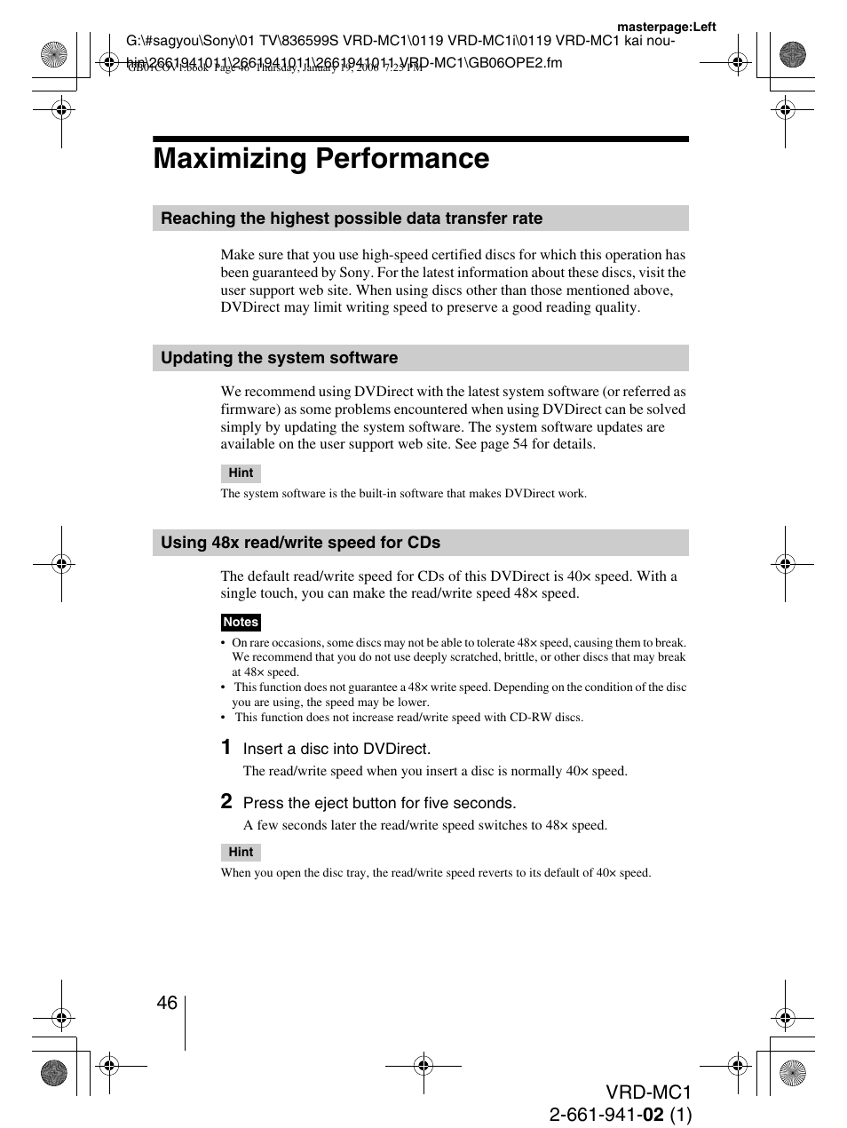 Maximizing performance, Reaching the highest possible data transfer rate, Updating the system software | Using 48x read/write speed for cds | Sony VRD-MC1 User Manual | Page 46 / 56