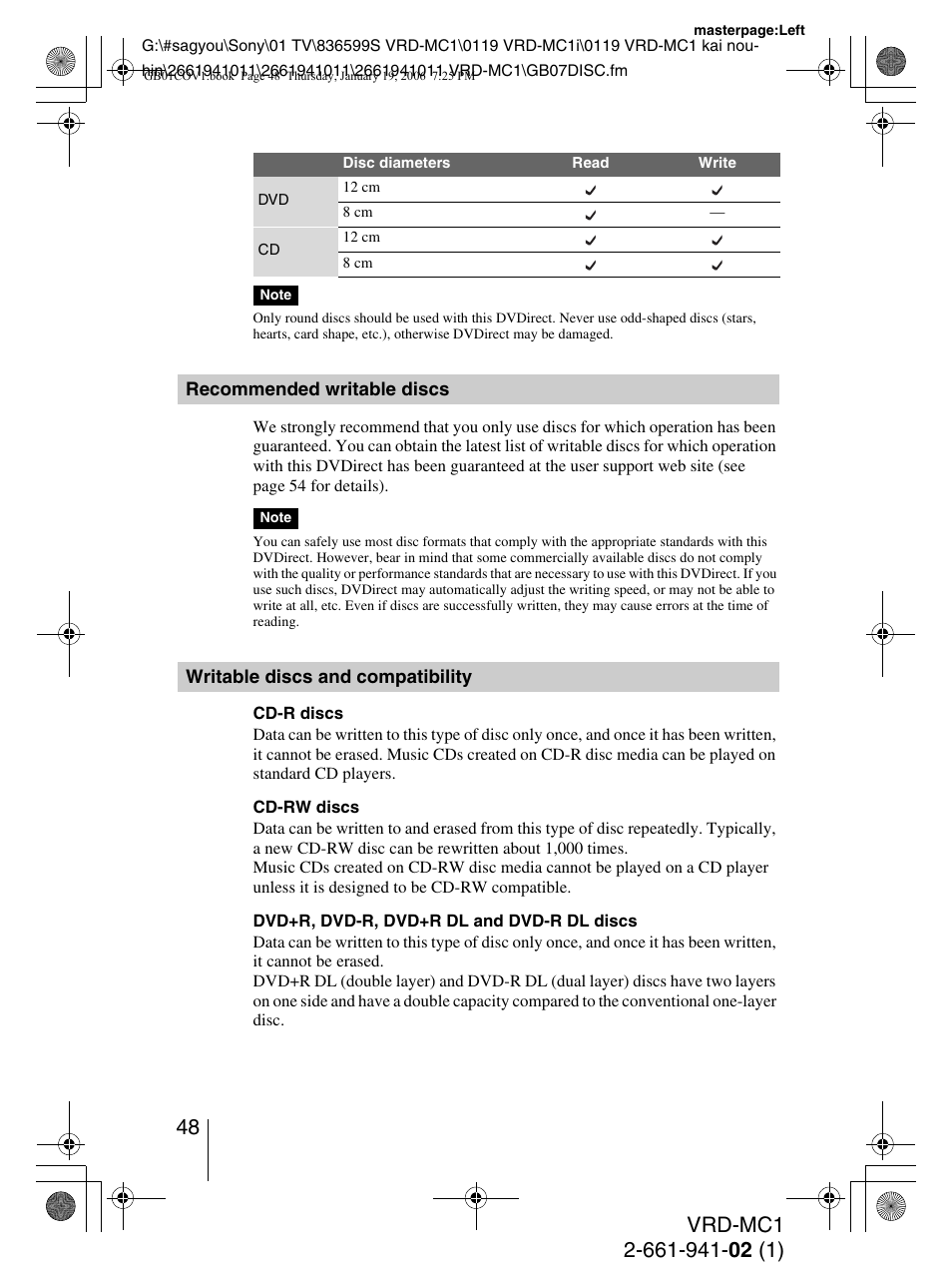 Recommended writable discs, Writable discs and compatibility | Sony VRD-MC1 User Manual | Page 48 / 56