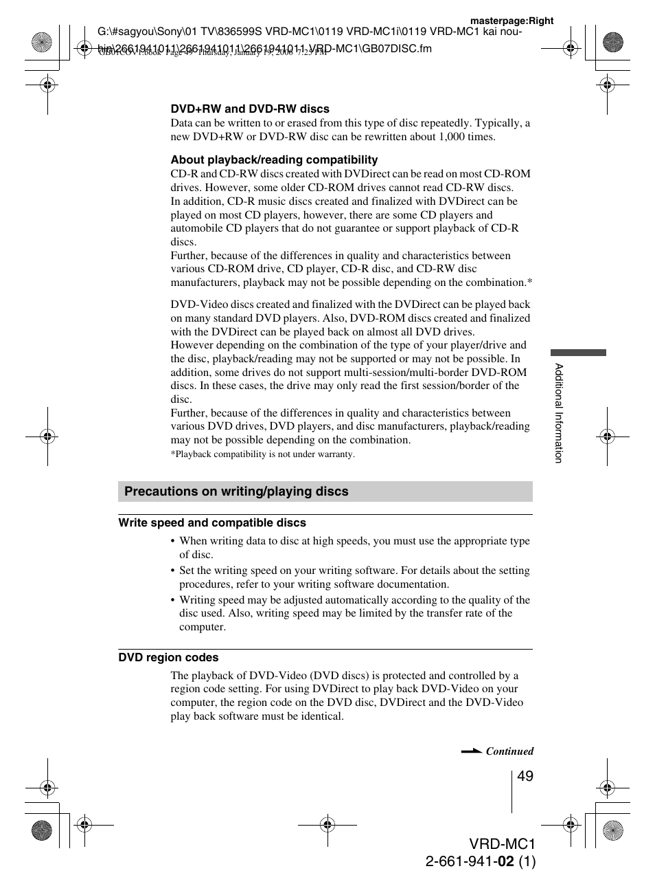 Precautions on writing/playing discs | Sony VRD-MC1 User Manual | Page 49 / 56