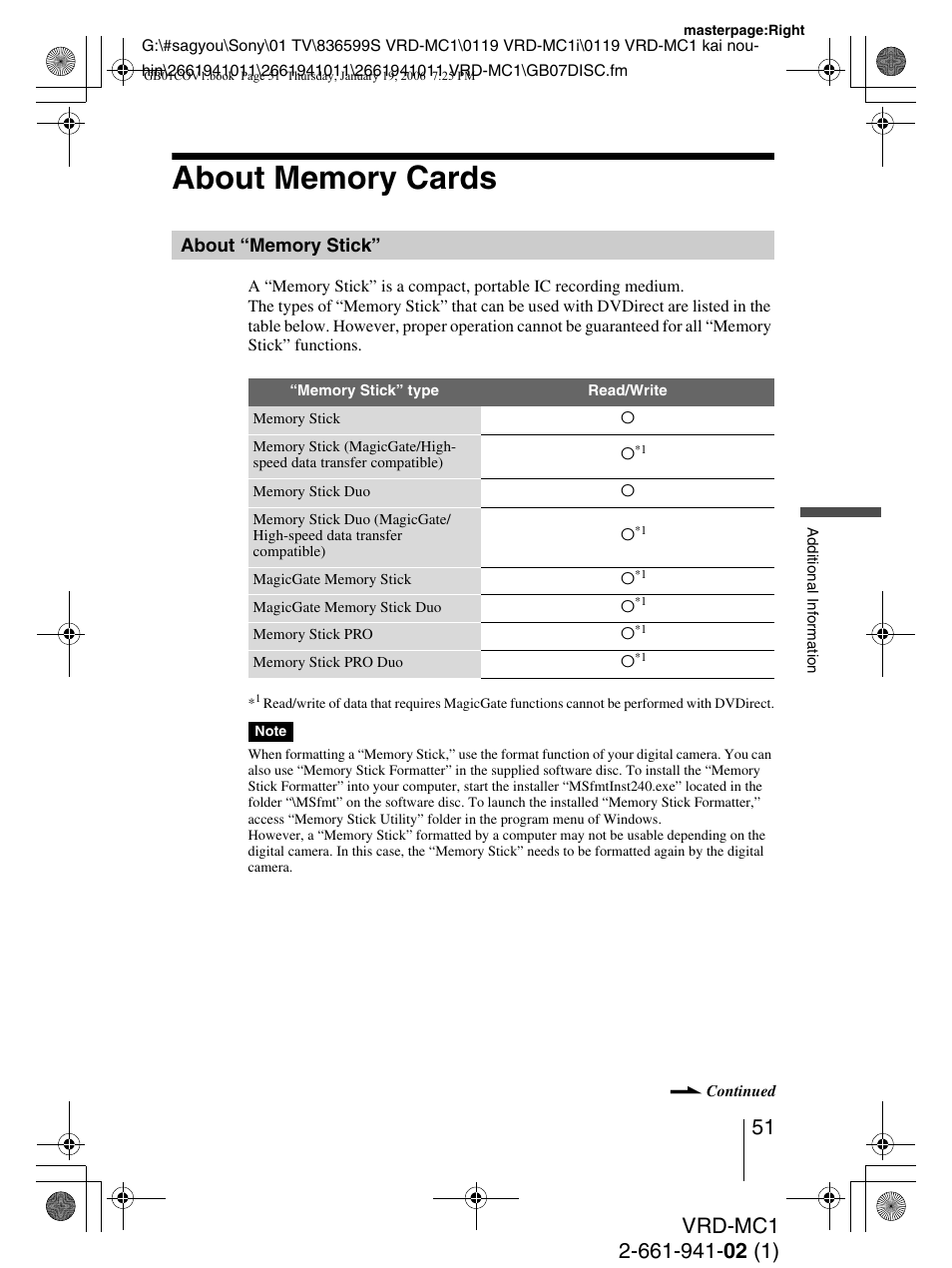 About memory cards, About “memory stick | Sony VRD-MC1 User Manual | Page 51 / 56