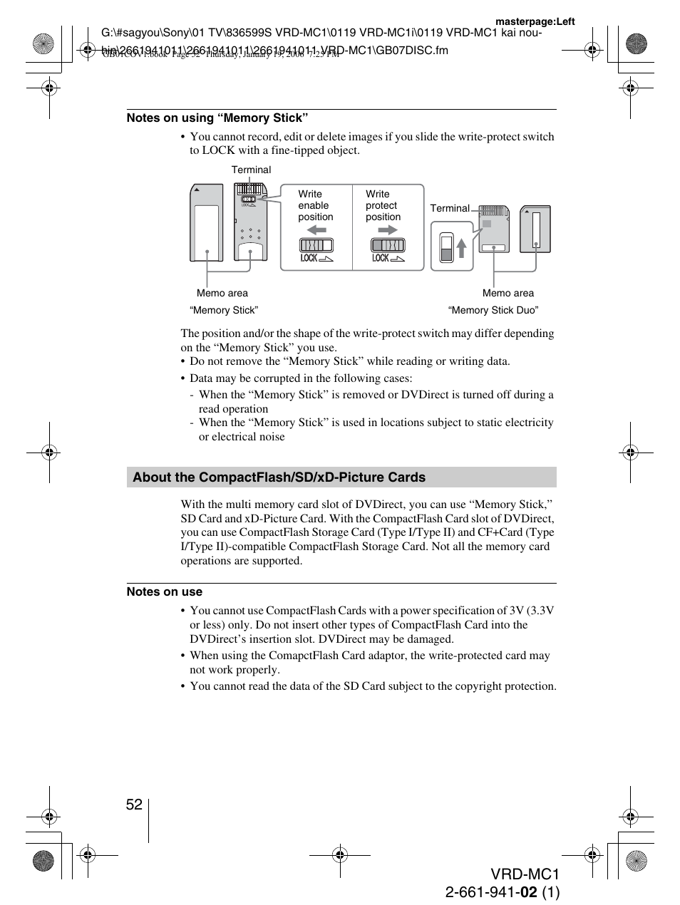 About the compactflash/sd/xd-picture cards, About the compactflash/sd/ xd-picture cards | Sony VRD-MC1 User Manual | Page 52 / 56