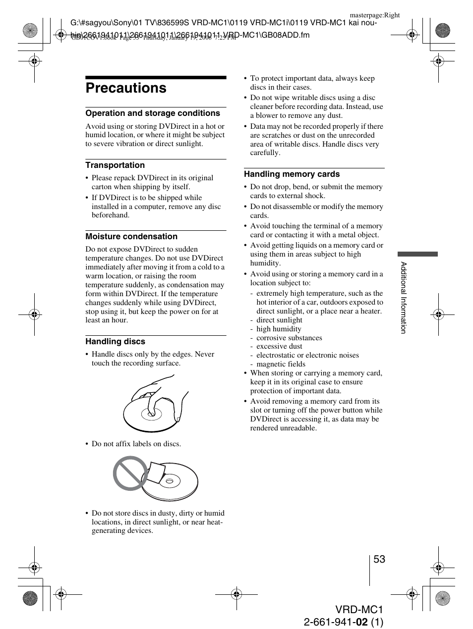 Precautions | Sony VRD-MC1 User Manual | Page 53 / 56